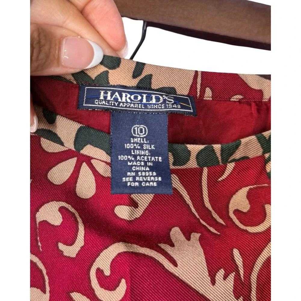 Harold's 100% Silk Patchwork Print Pencil Skirt Red‎ Geometric Midi Size 10